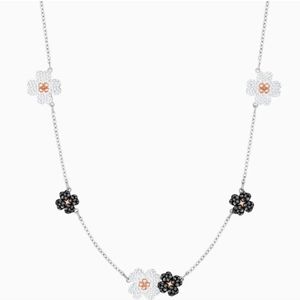 Swarovski Latisha Flower Choker Necklace Black White Crystal & Pe Drop Earrings